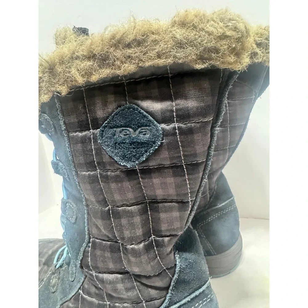 Teva Girls Waterproof Winter Boots Suede Plaid Faux Fur Black Blue sz 3